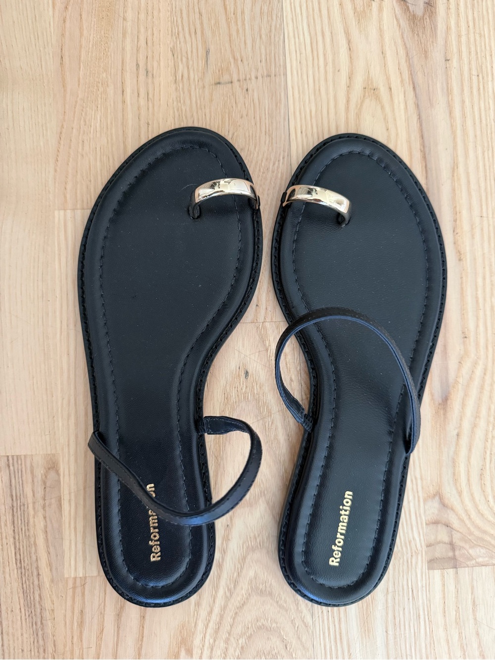 Reformation Black Sandals with Gold Toe Ring